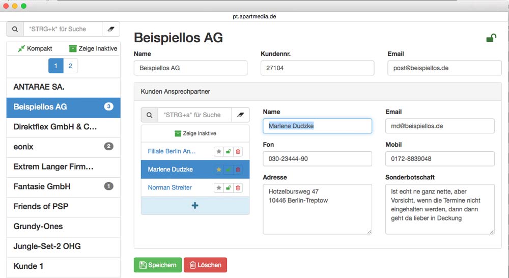 PTworkflow mit der Erweiterung PTcontact: Hier können vollständige Kontaktdetails erfasst werden.
