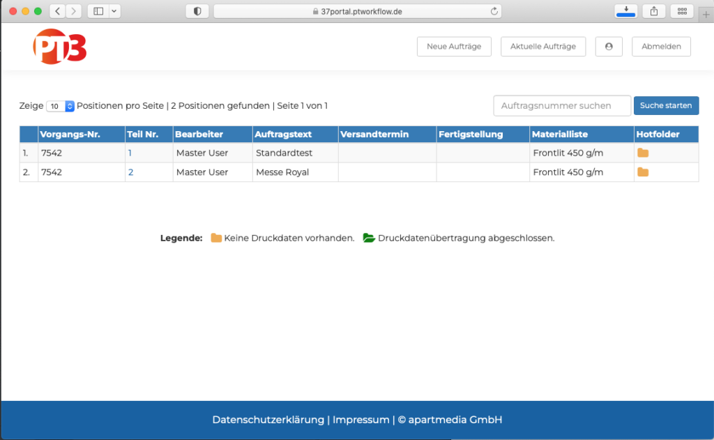 Neue Aufträge platzieren, Datenupload und Infoportal. 